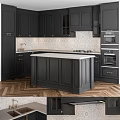 Modern Black Kitchen Cabinets With White Island Countertop And Patterned Backsplash 3d model
