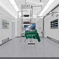 Operating Room Interior With Surgical Table Green Drape Lights And Medical Equipment