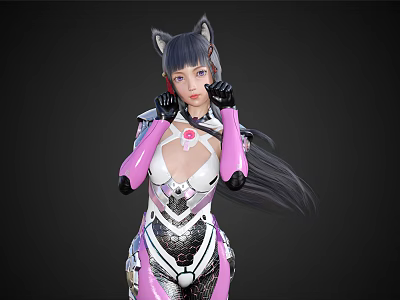Woman in Pink and White Futuristic Outfit with Cat Ears Black Gloves and Long Hair 3d model