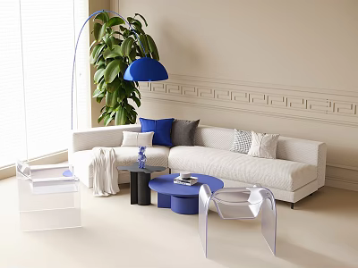 Modern Light Sofa with Cushions and Coffee Table Set with Blue Floor Lamp Green Plant 3d model