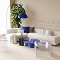 Modern Light Sofa with Cushions and Coffee Table Set with Blue Floor Lamp Green Plant