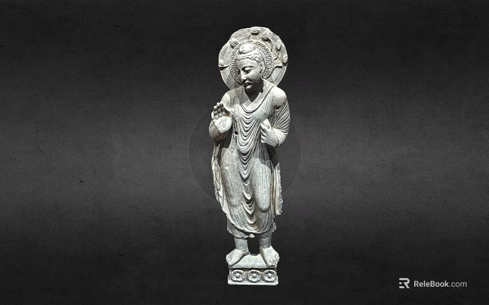 Standing Stone Buddha Statue With Robes Halo And Carved Base 3d model 
