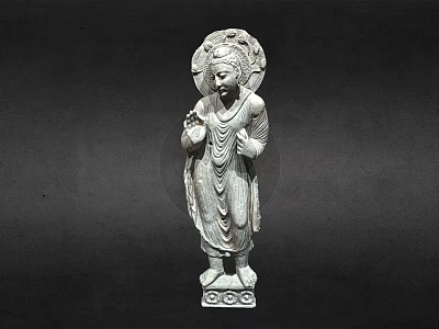 Standing Stone Buddha Statue With Robes Halo And Carved Base 3d model