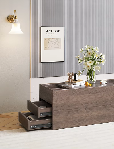 Modern Wooden Decorative Cabinet With Drawers White Flower Vase And Books On Gray Striped Wall 3d model