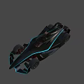 Sleek black racing car with blue neon lines showcases futuristic streamlined design