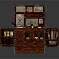 Vintage Wooden Storage Cabinet With Drawers Compartments Bottles Scrolls And Quill Pen