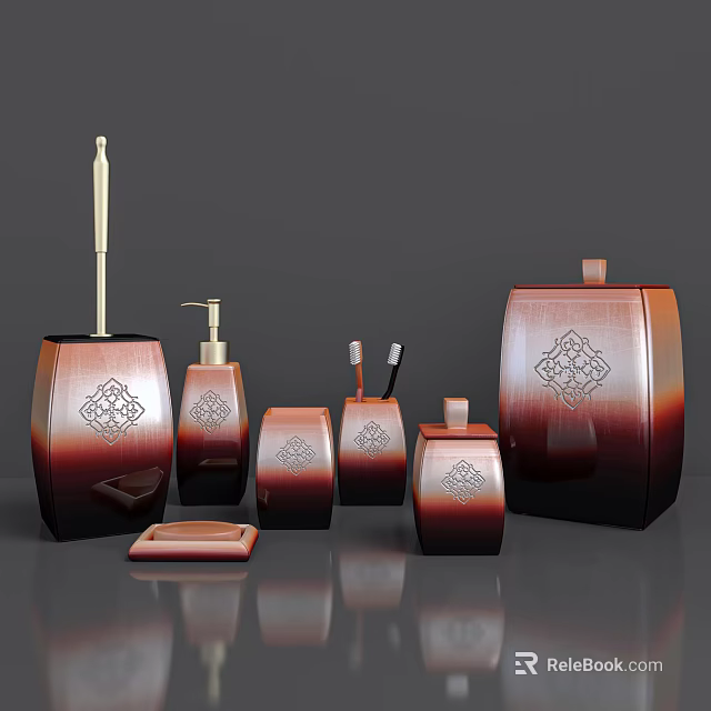 Elegant Brownish Red Patterned Bathroom Accessories Set With Toothbrush Holder Soap Dispenser And Storage Jars 3d model 
