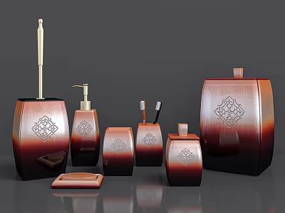 Elegant Brownish Red Patterned Bathroom Accessories Set With Toothbrush Holder Soap Dispenser And Storage Jars 3d model