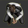 Man Sitting On Chair Clasping Hands In White Jacket Dark Pants And Brown Shoes Against Gray Background