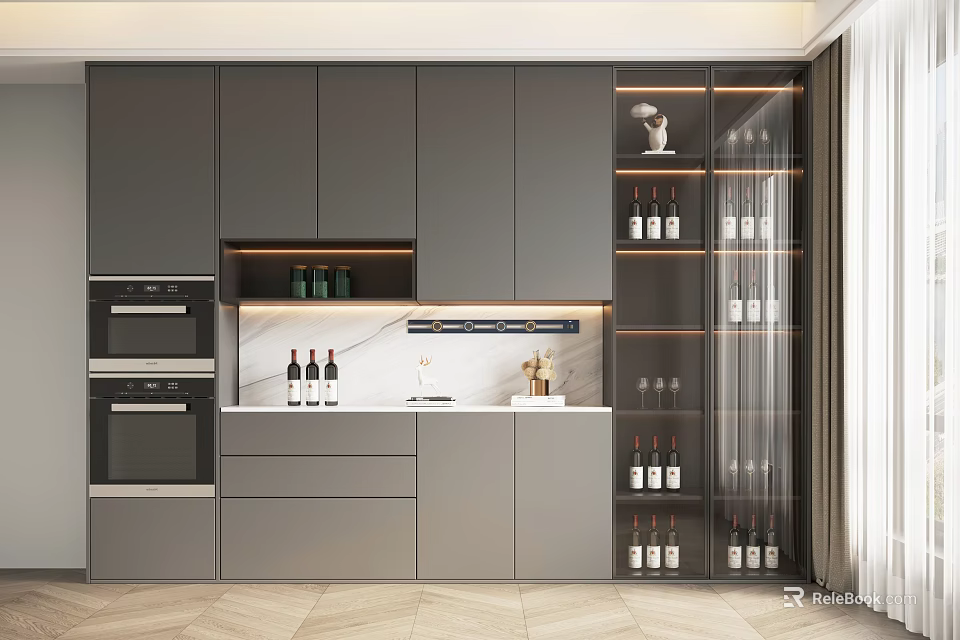 Modern Kitchen Interior Design With Stylish Wine Cabinet Marble Countertop Cabinets And Glassware 3d model 