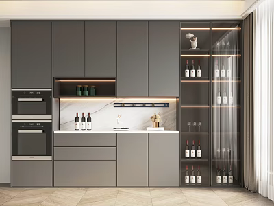 Modern Kitchen Interior Design With Stylish Wine Cabinet Marble Countertop Cabinets And Glassware 3d model