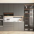 Modern Kitchen Interior Design With Stylish Wine Cabinet Marble Countertop Cabinets And Glassware