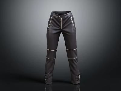 Black Leather Pants With Front Zipper And White Side Stripes Ankle Buckles 3d model