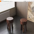 Wooden Stools With Round Top Carved Legs Near Window Blinds Dark Wooden Floor