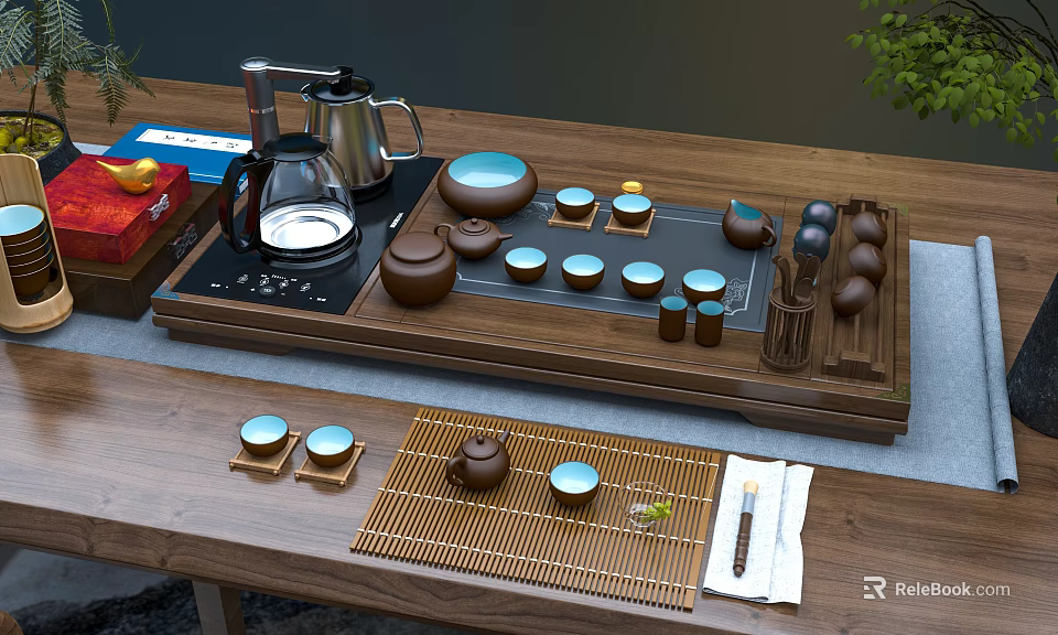 Complete Tea Set With Wooden Tray Bamboo Mat Teapot Electric Kettle And Tea Cups 3d model 