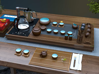 Complete Tea Set With Wooden Tray Bamboo Mat Teapot Electric Kettle And Tea Cups 3d model