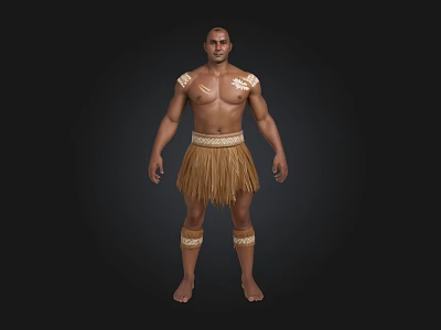 Man in Traditional Attire with Chest Tattoos Grass Skirt and Arm Leg Bands 3d model