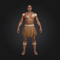 Man in Traditional Attire with Chest Tattoos Grass Skirt and Arm Leg Bands