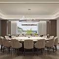 Luxurious Private Dining Room With Round Table Chandelier And Scenic Window View
