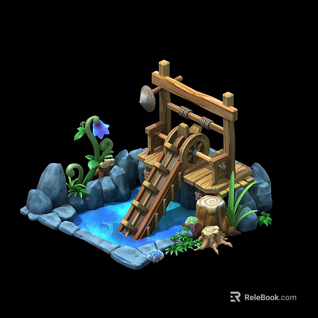 Wooden Watermill Scene With Flowing Water Stones And Green Plants 3D Model Design 3d model 