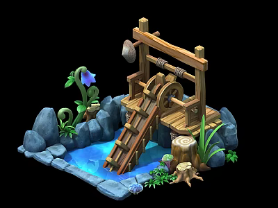 Wooden Watermill Scene With Flowing Water Stones And Green Plants 3D Model Design 3d model