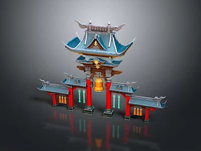 Traditional Chinese Scenery With Blue Tiled Roof Red Pillars And Decorative Bells 3d model