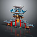 Traditional Chinese Scenery With Blue Tiled Roof Red Pillars And Decorative Bells