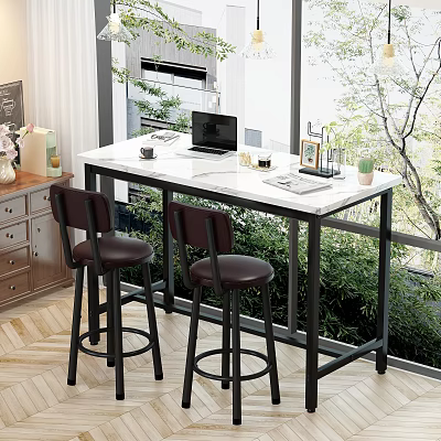 Modern Restaurant Interior With White Marble Bar Table Black Metal Frame And Dark Brown Stools 3d model
