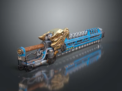 Decorative Dragon Head Weapon With Blue Metal Body And Wooden Handle Chainsaw 3d model