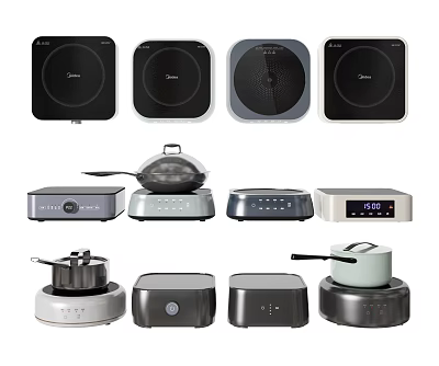 Modern Kitchen Appliances Collection Including Induction Cooktops Pots and Rice Cookers 3d model