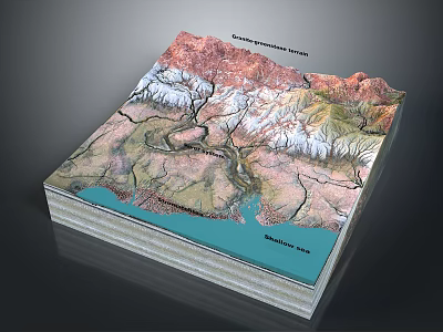 3D Topographic Model Featuring Continental Shelf Slope Trench Mountains And Rivers 3d model
