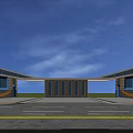 Modern Entrance Gate Design With Blue Windows And Orange Decorative Elements