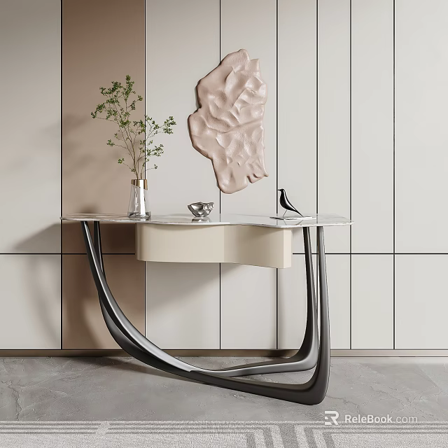 Modern Console Table With Marble Top Curved Metal Legs Vase Plant And Wall Art 3d model 