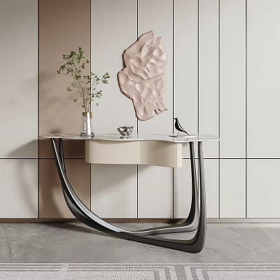 Modern Console Table With Marble Top Curved Metal Legs Vase Plant And Wall Art 3d model