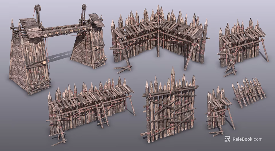 Ancient Wooden Defensive Fortification Structures With Spiked Fences Gates And Walls 3d model 