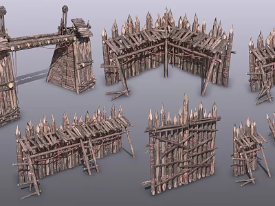 Ancient Wooden Defensive Fortification Structures With Spiked Fences Gates And Walls 3d model