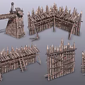 Ancient Wooden Defensive Fortification Structures With Spiked Fences Gates And Walls