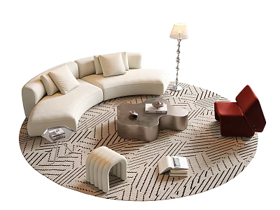 Modern Curved Sofa and Coffee Table Set With Cushions Books Floor Lamp and Geometric Rug 3d model