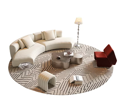 Modern Curved Sofa and Coffee Table Set With Cushions Books Floor Lamp and Geometric Rug 3d model