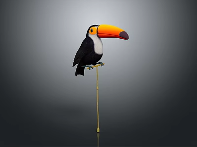 Toucan with Large Colorful Beak Perched on Golden Stand Against Grey Background 3d model