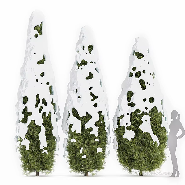 Three Topiary Trees With White Decorative Trim And Green Foliage In Garden 3d model 