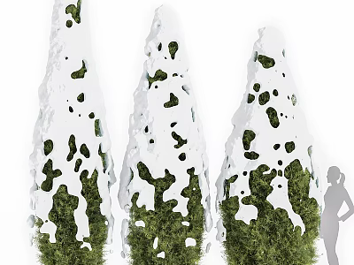 Three Topiary Trees With White Decorative Trim And Green Foliage In Garden 3d model
