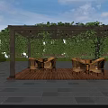 Outdoor Wooden Pergola with Climbing Vines and Tables with Chairs Surrounded by Greenery