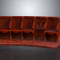 Red Carved Wooden Leisure Chairs With Multiple Seats On Platform Base Against Gray Background