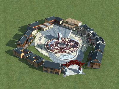 Chinese Traditional Architectural Complex With Circular Central Square Traditional Houses And Red Archway Entrance 3d model
