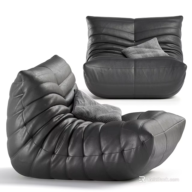 Modern Black Leather Single Chair With Pleated Design And Gray Cushion 3d model 