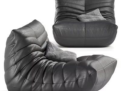 Modern Black Leather Single Chair With Pleated Design And Gray Cushion 3d model