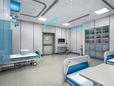 Modern Hospital Ward Interior With Medical Beds Equipment Cabinets And Ceiling Lights 3d model
