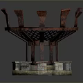 Red Wooden Decorative Structure With Lattice Design And Stone Pedestal Base