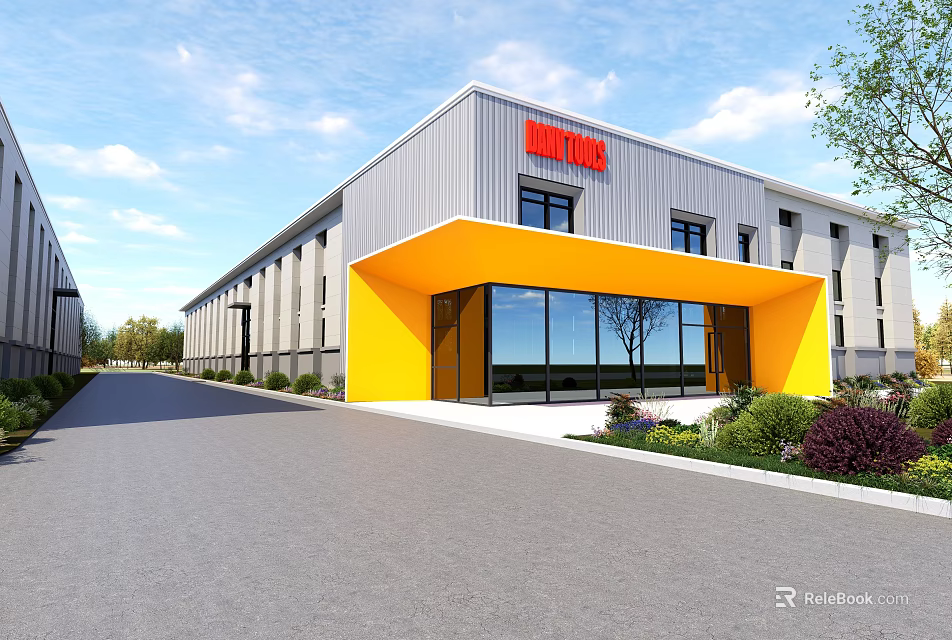 Modern Industrial Factory Building With Yellow Entrance And Large Glass Windows 3d model 
